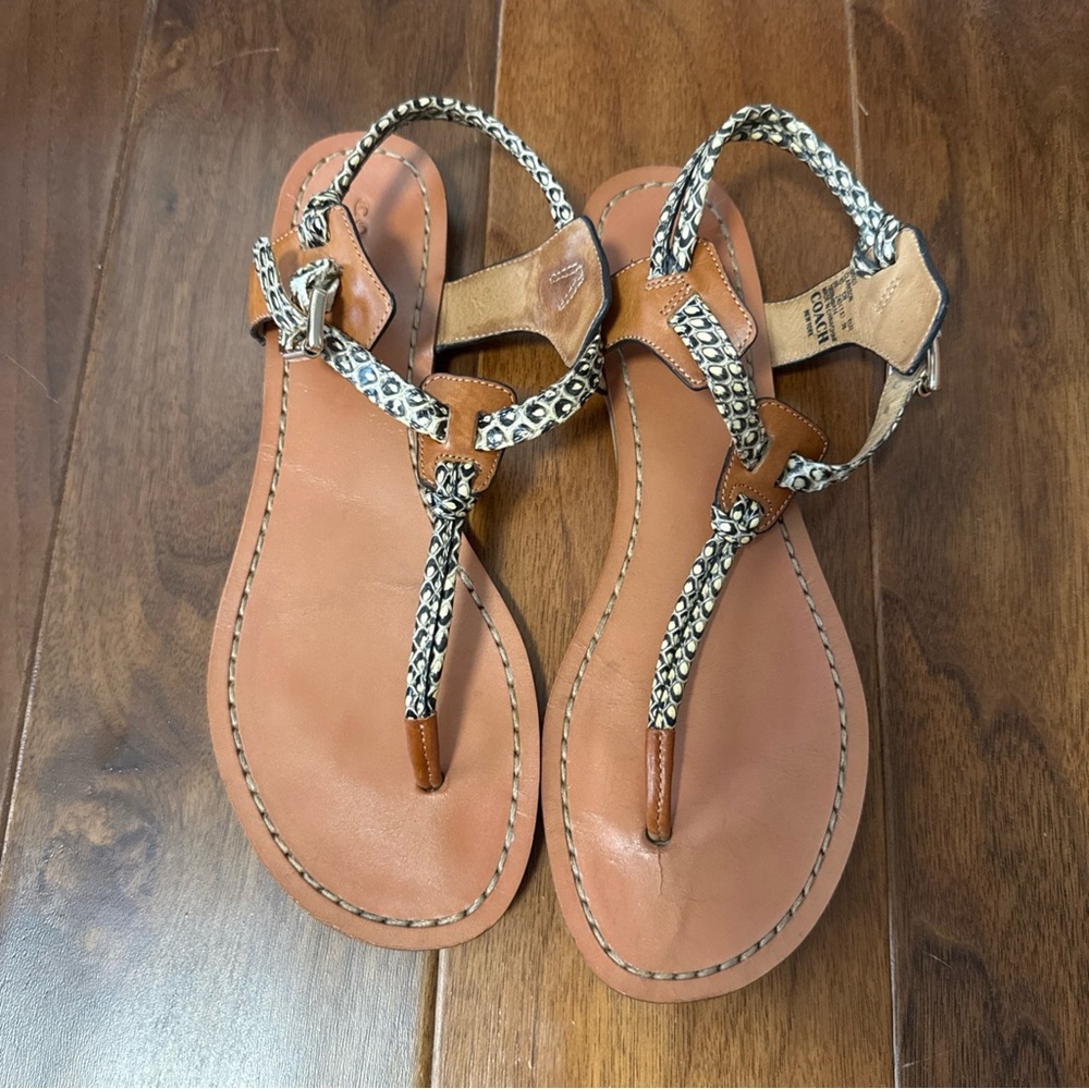 Coach Tan and black  Leather Sandals with Silver accents - Picture 3 of 12